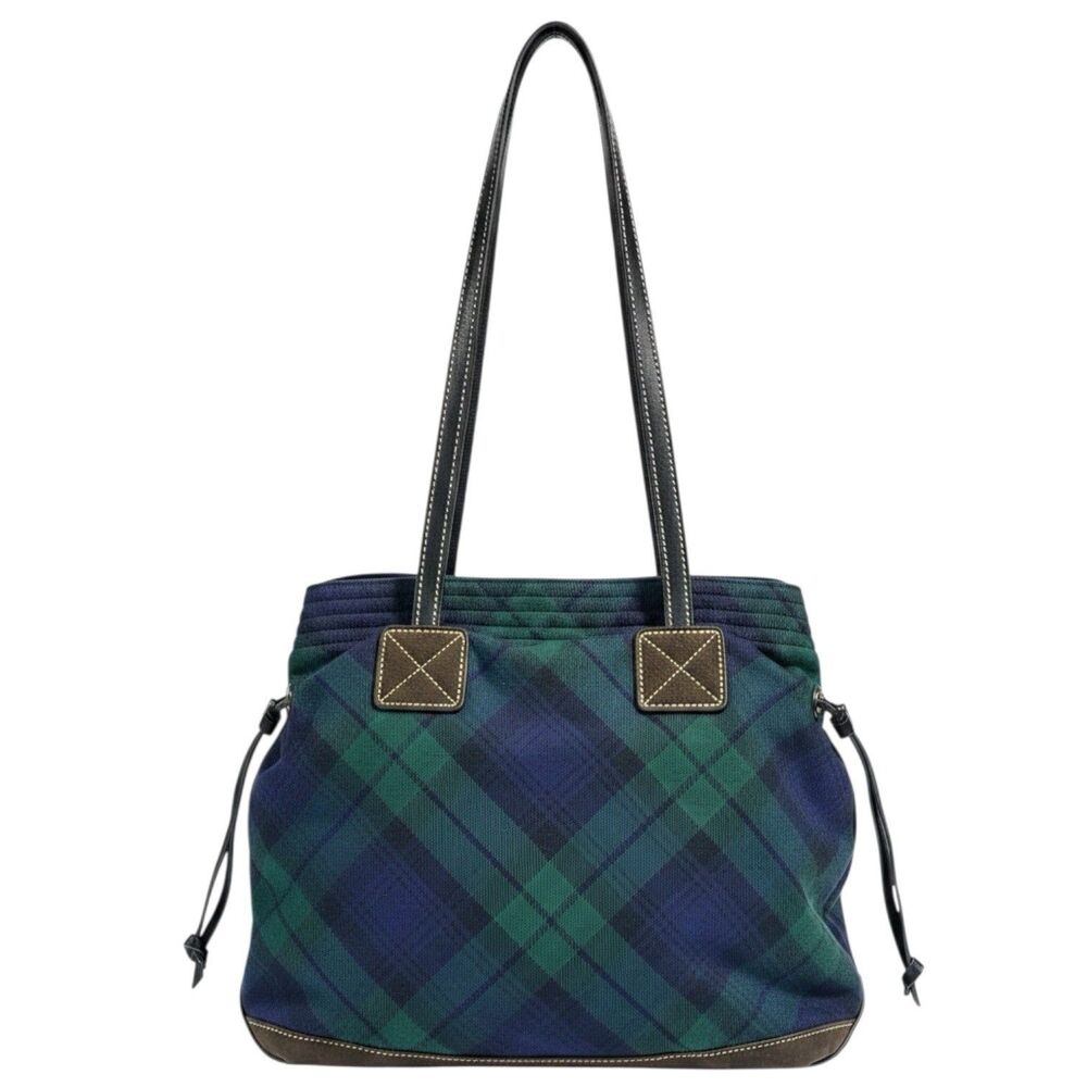 Dooney & Bourke Blackwatch Plaid Wool Tote Green Navy Leather Shoulder Bag - Picture 2 of 10